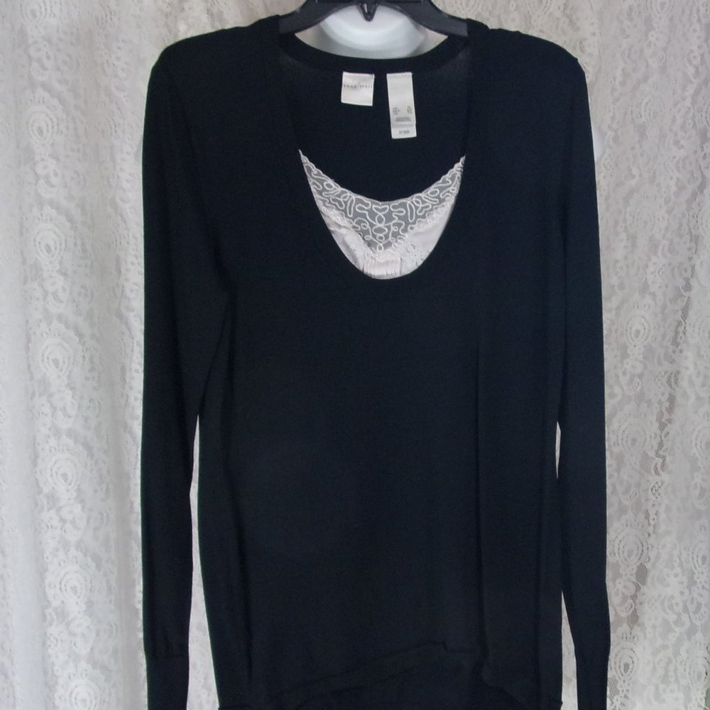 Emma James Black Sweater Top with White Lace Insert NWOT